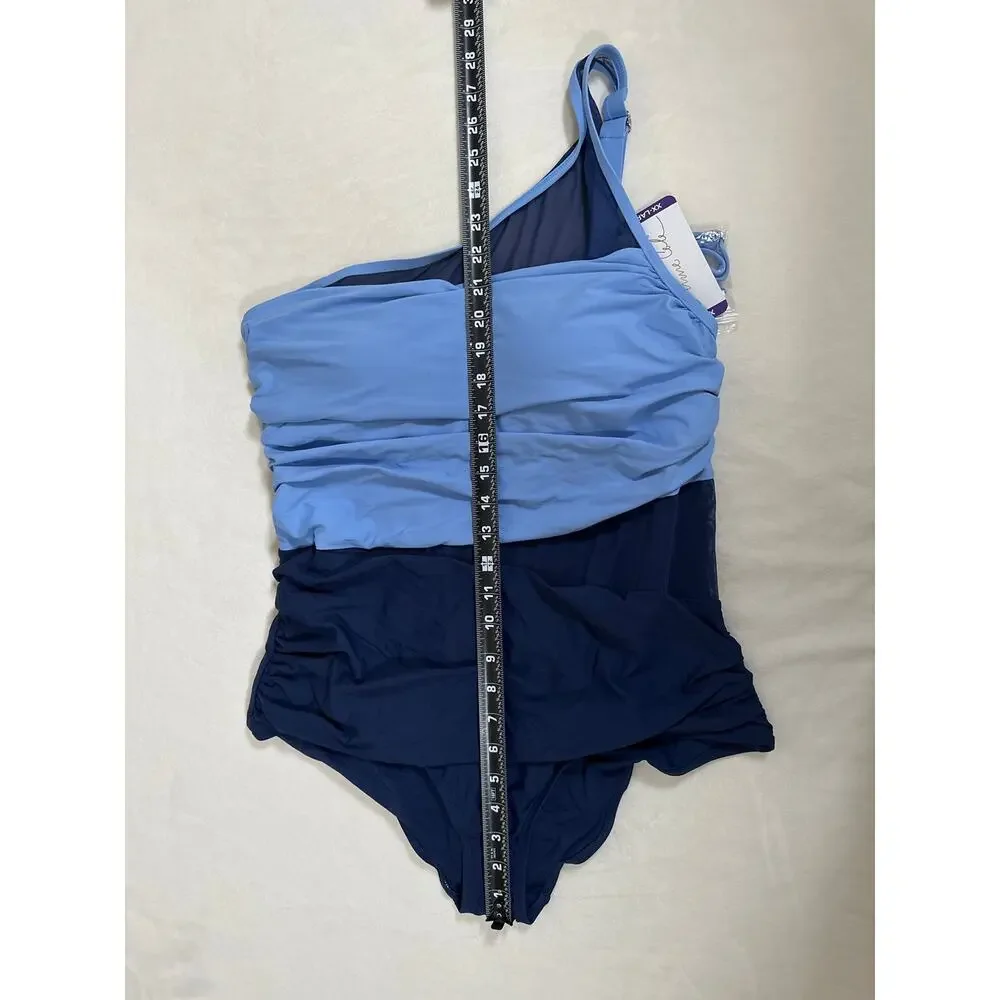 Anna Cole One Shoulder Colorblock Swimsuit Women’s XXL Blue Mesh Panel NWT